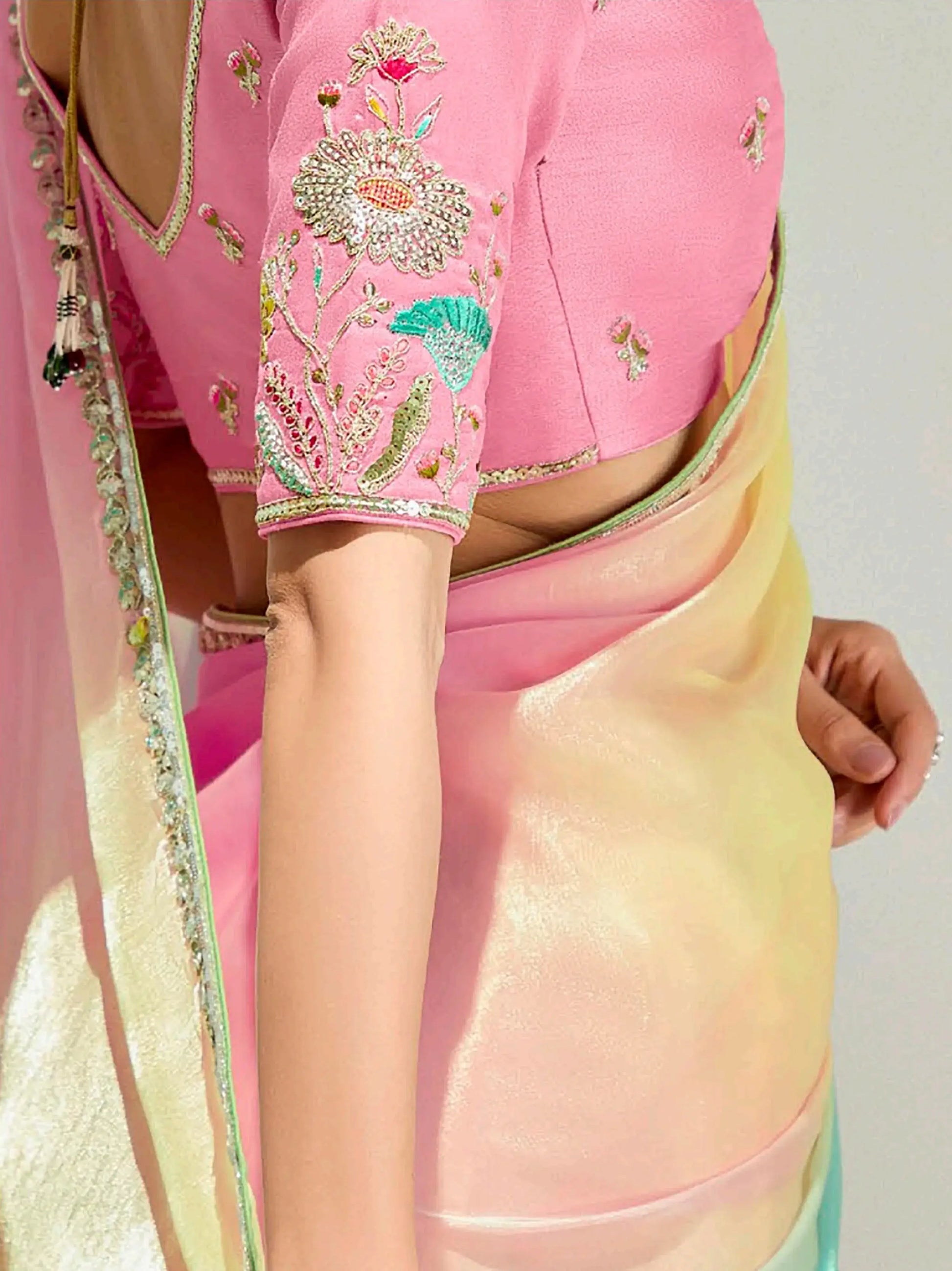 Impressive Multi-Color Border Work Organza Party Wear Saree With Blouse - Zeel Clothing