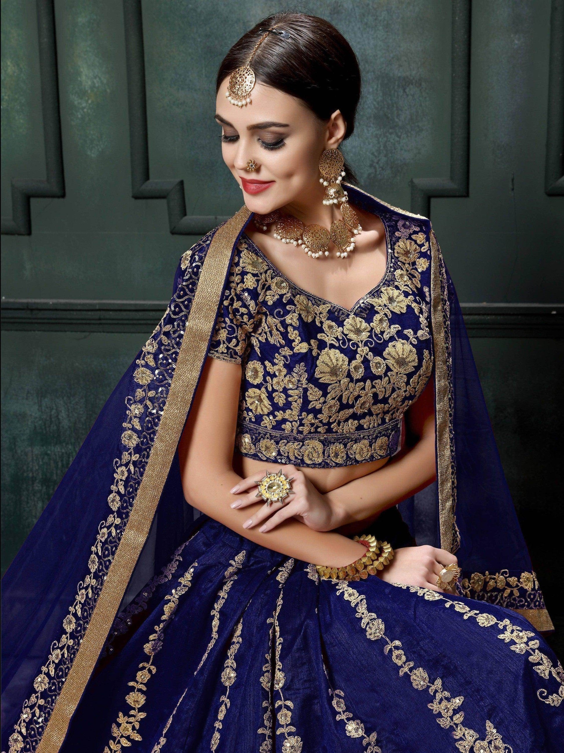 Impressive Navy Blue Colored Designer Partywear Raw Silk Lehenga Choli - Zeel Clothing