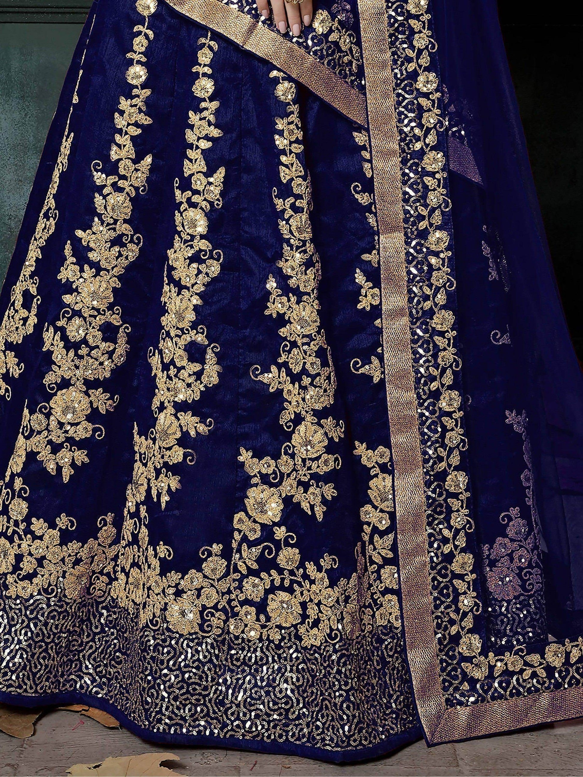 Impressive Navy Blue Colored Designer Partywear Raw Silk Lehenga Choli - Zeel Clothing