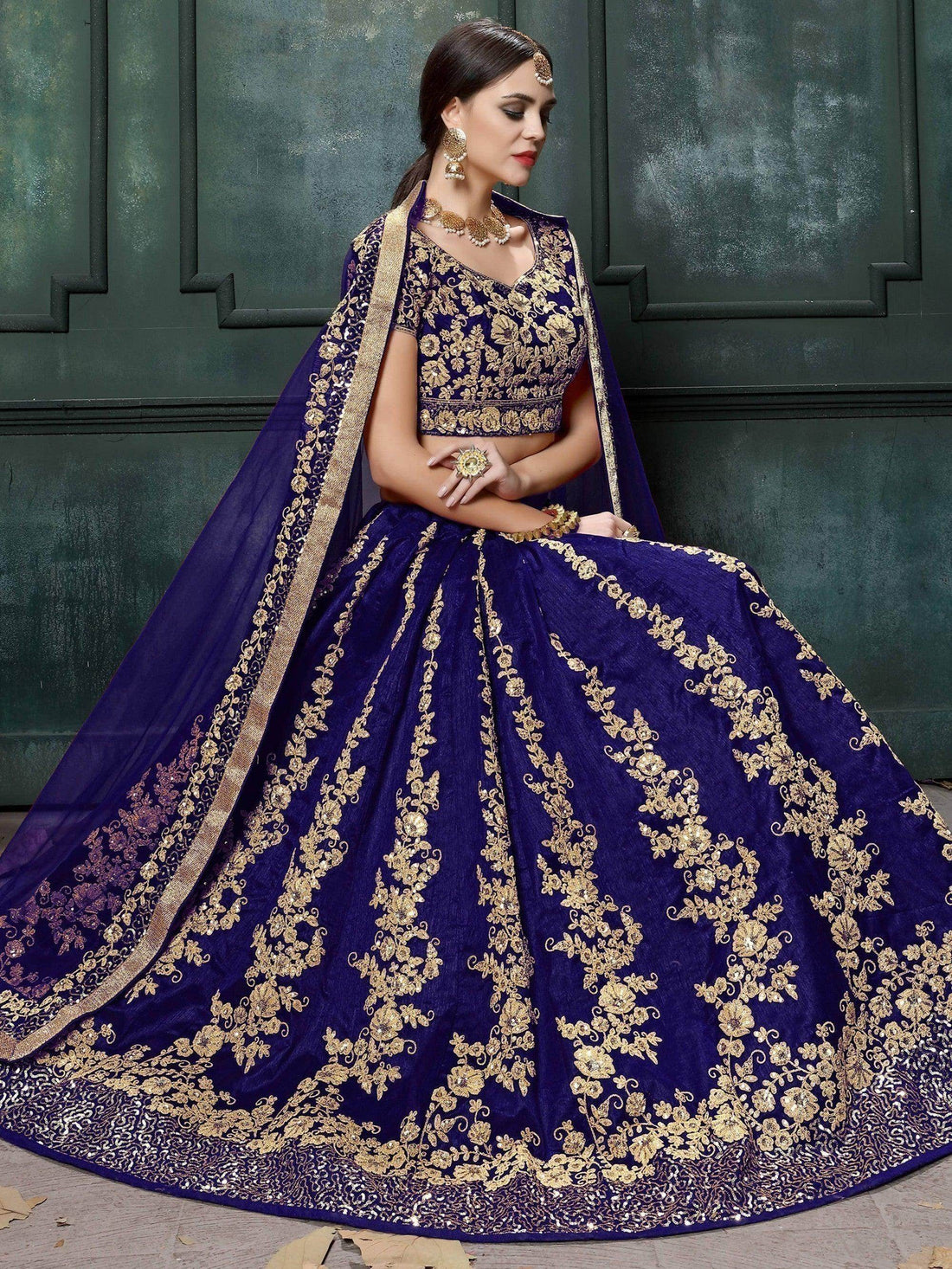 Impressive Navy Blue Colored Designer Partywear Raw Silk Lehenga Choli - Zeel Clothing