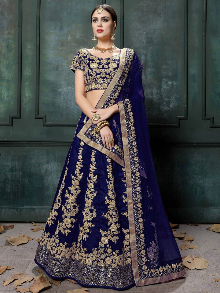 Impressive Navy Blue Colored Designer Partywear Raw Silk Lehenga Choli - Zeel Clothing