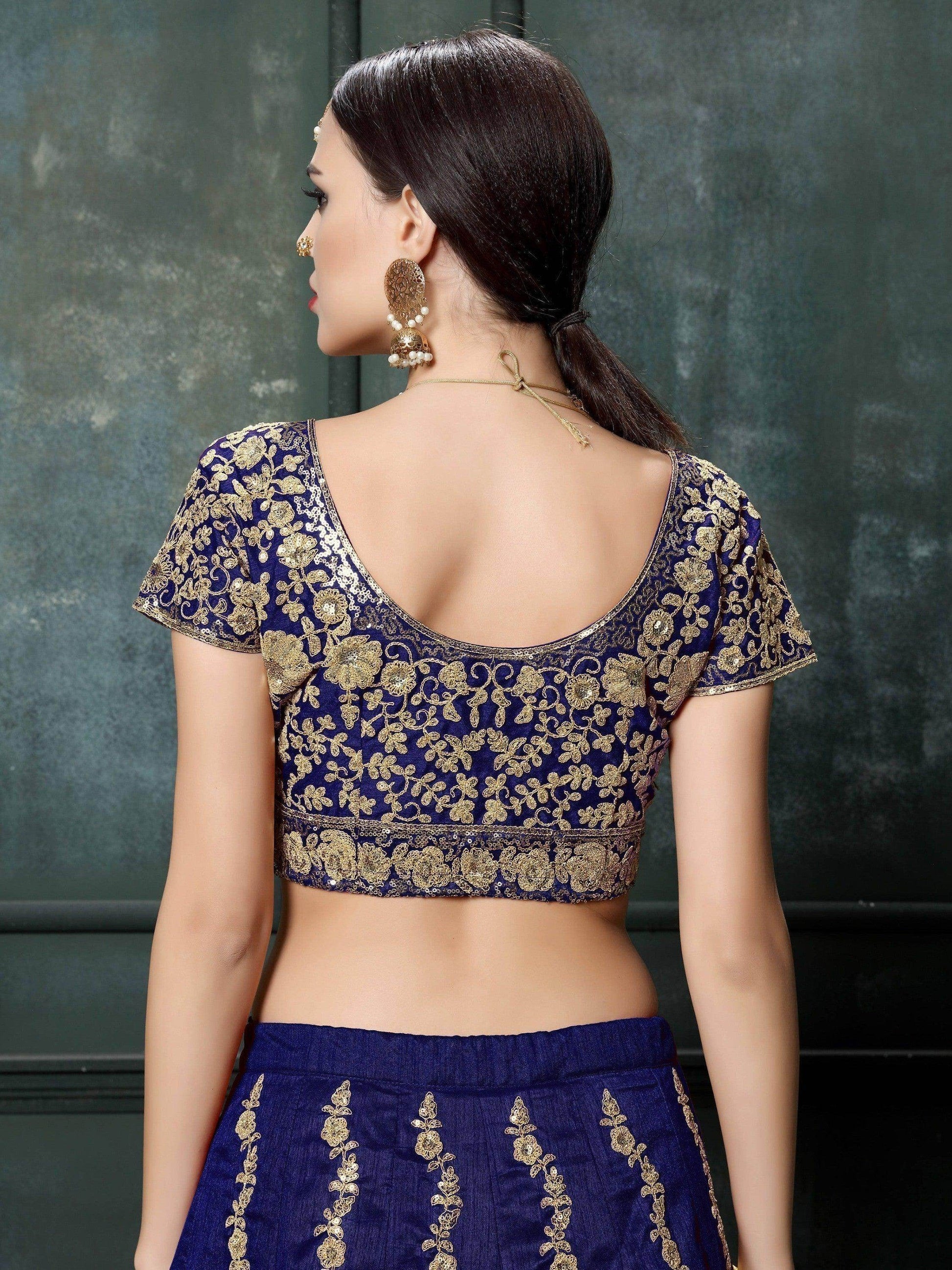 Impressive Navy Blue Colored Designer Partywear Raw Silk Lehenga Choli - Zeel Clothing