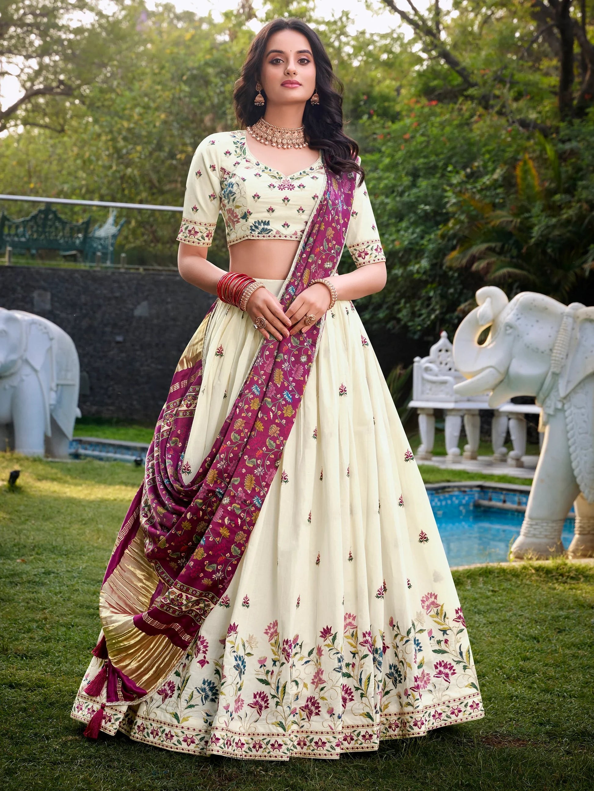 Impressive Off-White Sequins Cotton Event Wear Lehenga Choli With Wine Dupatta - Zeel Clothing