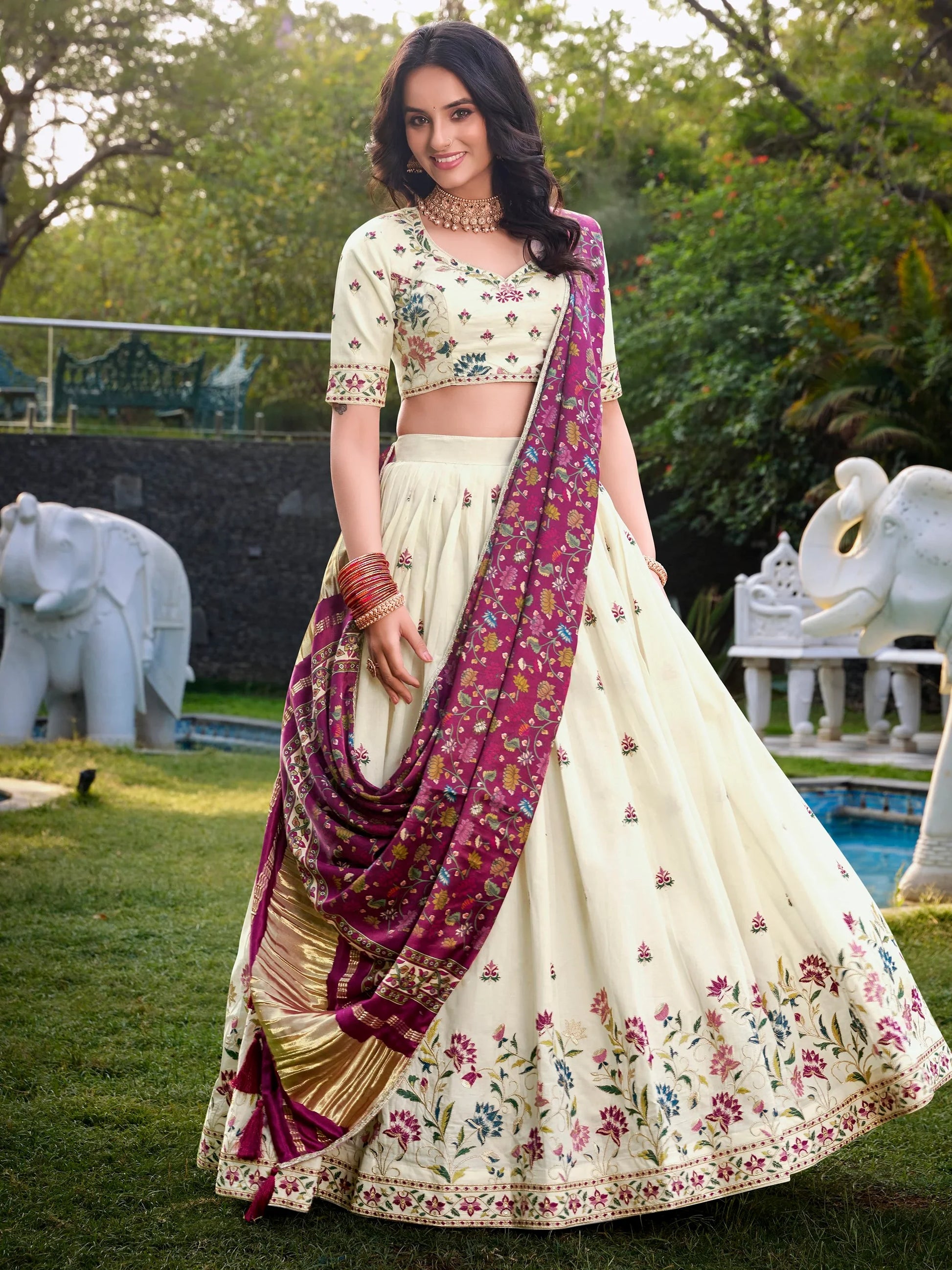 Impressive Off-White Sequins Cotton Event Wear Lehenga Choli With Wine Dupatta - Zeel Clothing
