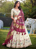 Impressive Off-White Sequins Cotton Event Wear Lehenga Choli With Wine Dupatta - Zeel Clothing
