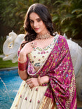 Impressive Off-White Sequins Cotton Event Wear Lehenga Choli With Wine Dupatta - Zeel Clothing