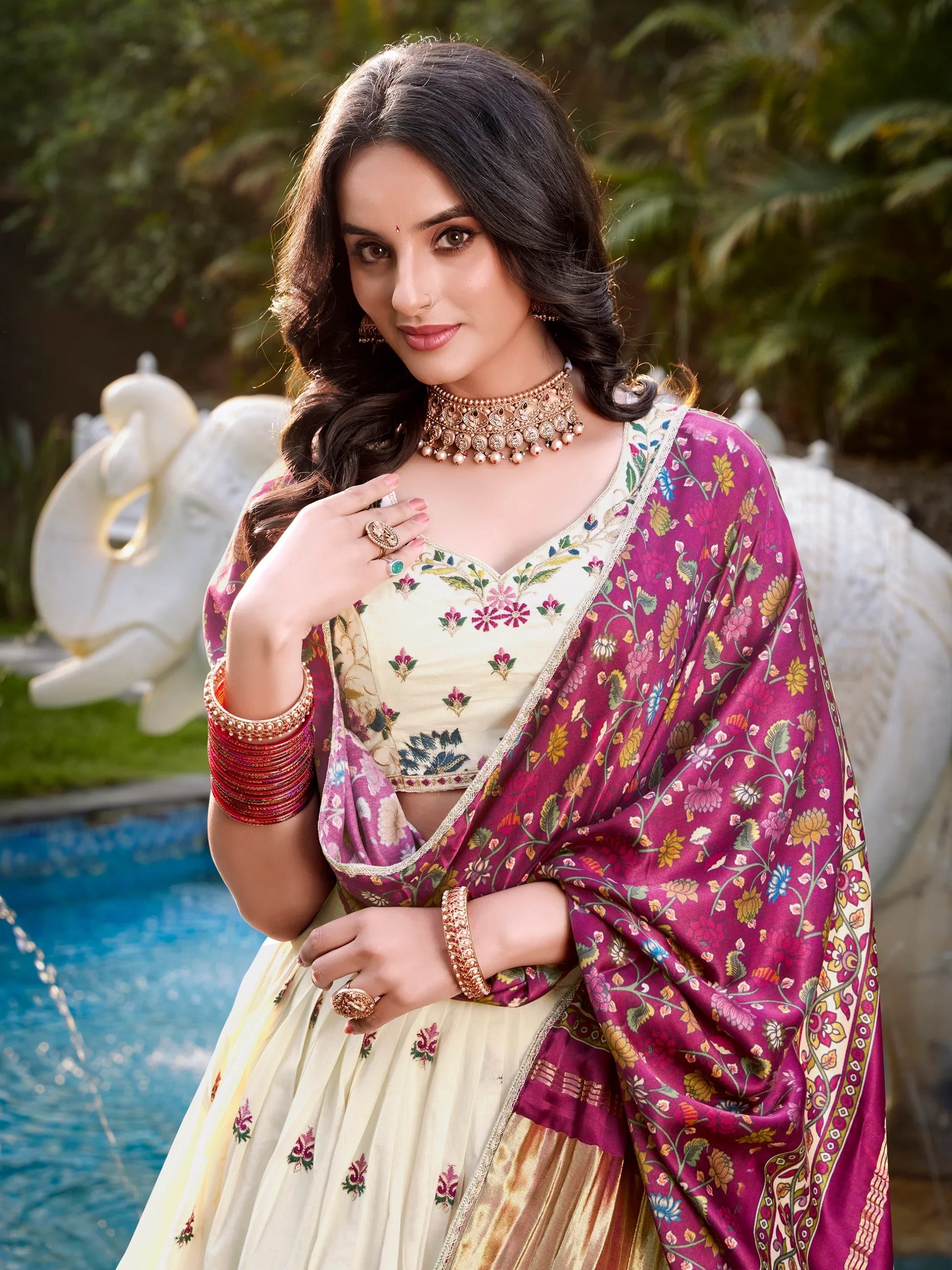 Impressive Off-White Sequins Cotton Event Wear Lehenga Choli With Wine Dupatta - Zeel Clothing