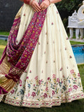 Impressive Off-White Sequins Cotton Event Wear Lehenga Choli With Wine Dupatta - Zeel Clothing