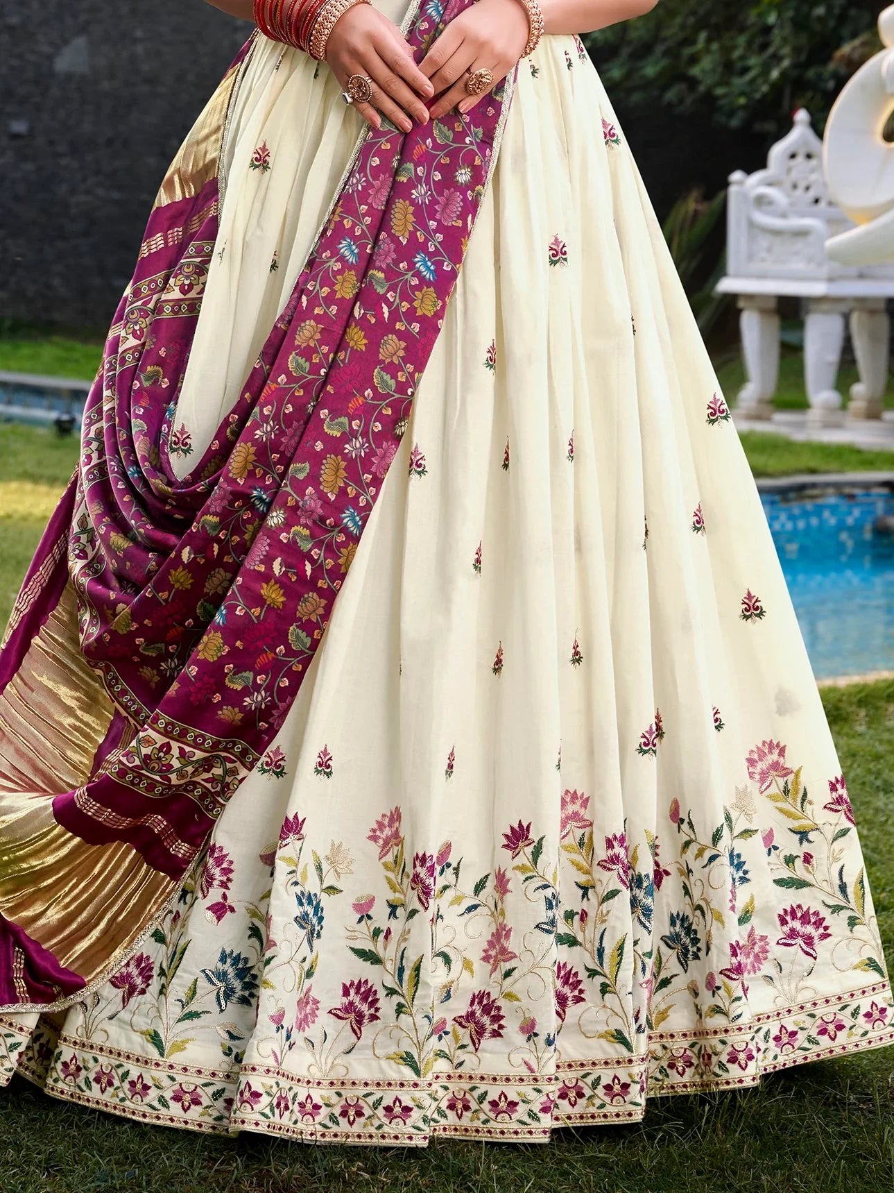 Impressive Off-White Sequins Cotton Event Wear Lehenga Choli With Wine Dupatta - Zeel Clothing