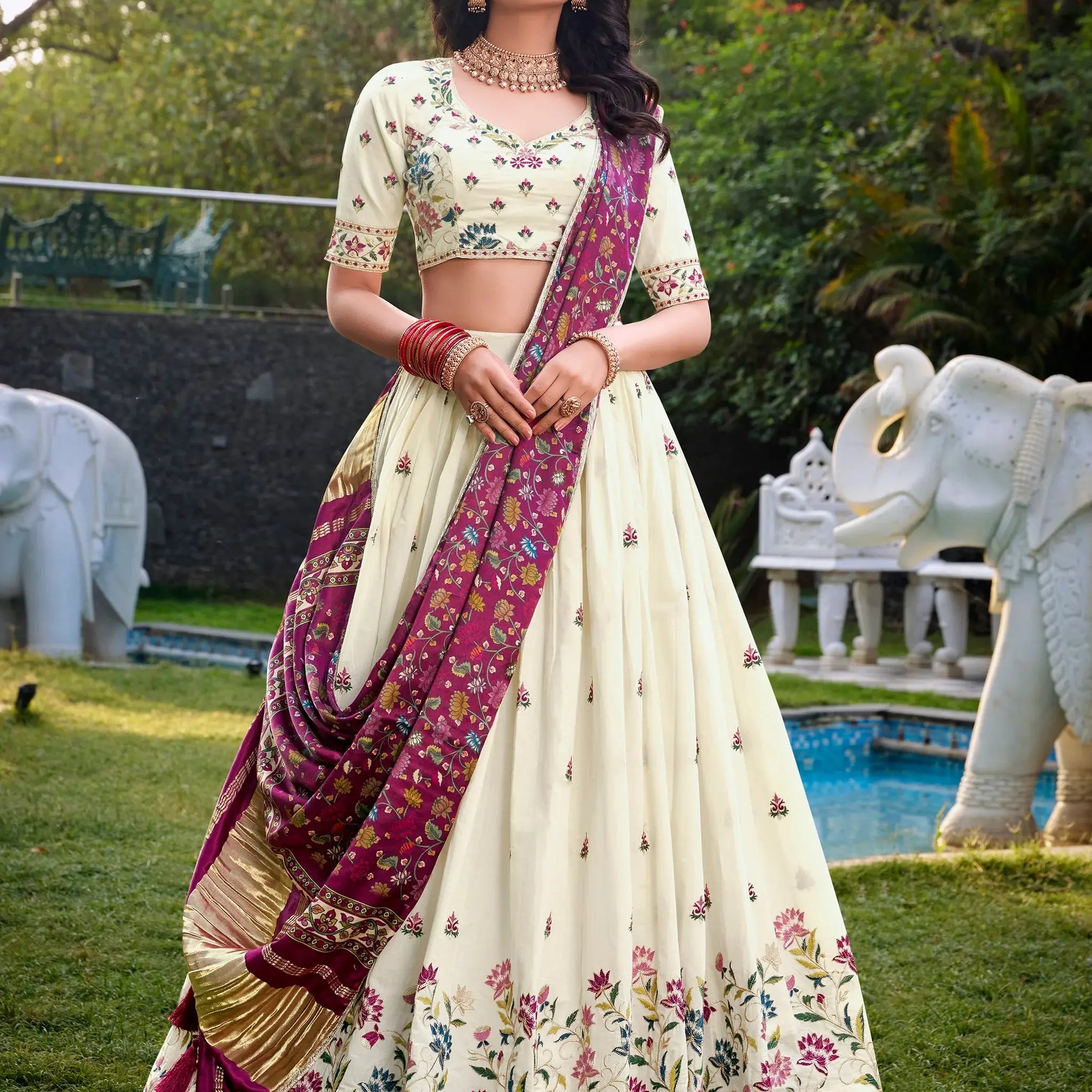Impressive Off-White Sequins Cotton Event Wear Lehenga Choli With Wine Dupatta - Zeel Clothing
