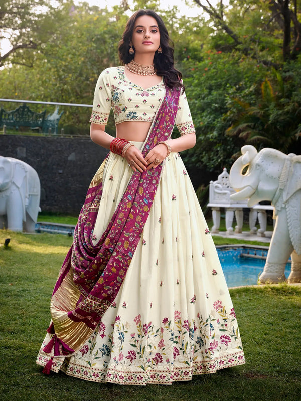 Impressive Off-White Sequins Cotton Event Wear Lehenga Choli With Wine Dupatta - Zeel Clothing