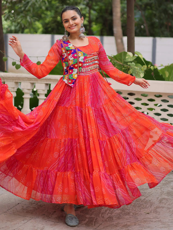 Impressive Pink Bandhej Print Georgette Navratri Special Gown - Zeel Clothing