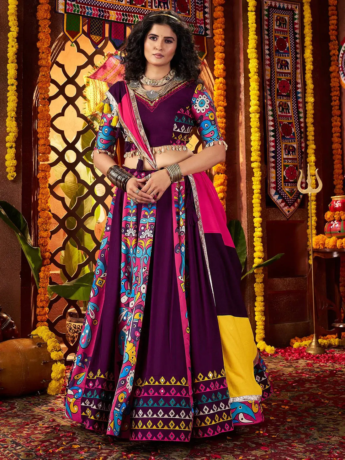 Impressive Purple Multi Thread Work Cotton Navratri Wear Lehenga Choli With Dupatta - Zeel Clothing