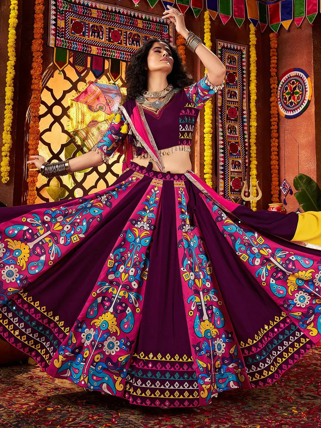 Impressive Purple Multi Thread Work Cotton Navratri Wear Lehenga Choli With Dupatta - Zeel Clothing