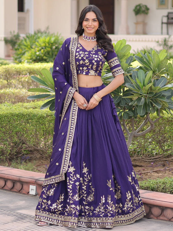 Impressive Purple Zari Embroidery Silk Marriage Wear Lehenga Choli With Dupatta