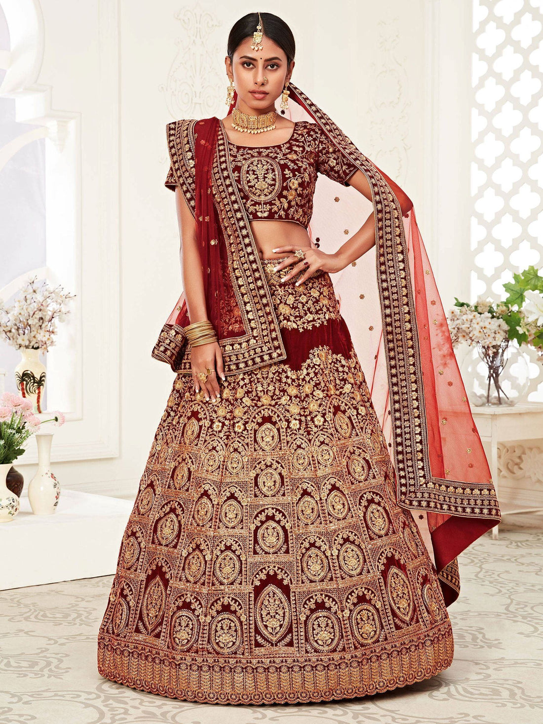 Impressive Red Embroidered Work Velvet Bridal Wear Lehenga Choli - Zeel Clothing