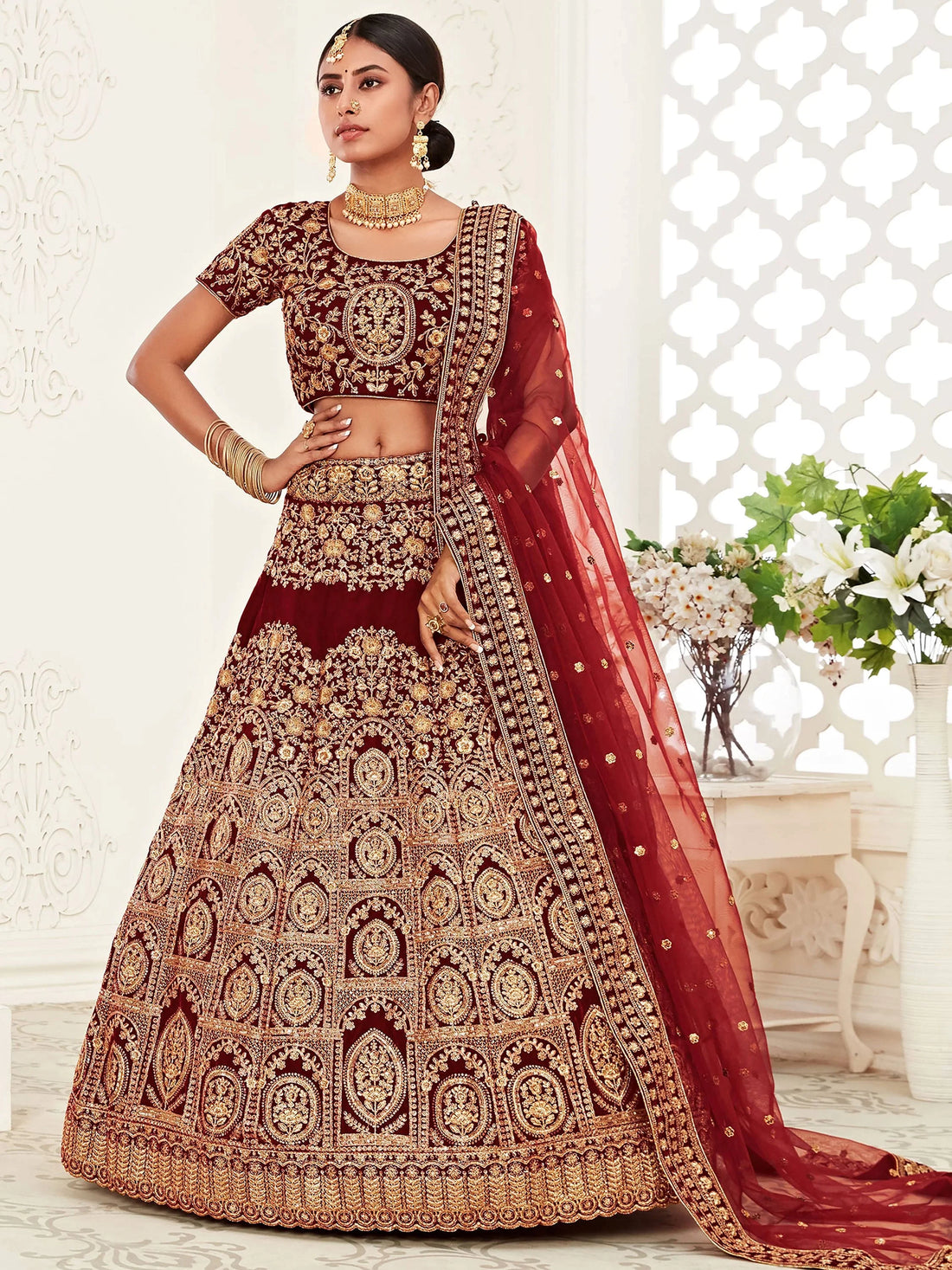 Impressive Red Embroidered Work Velvet Bridal Wear Lehenga Choli - Zeel Clothing
