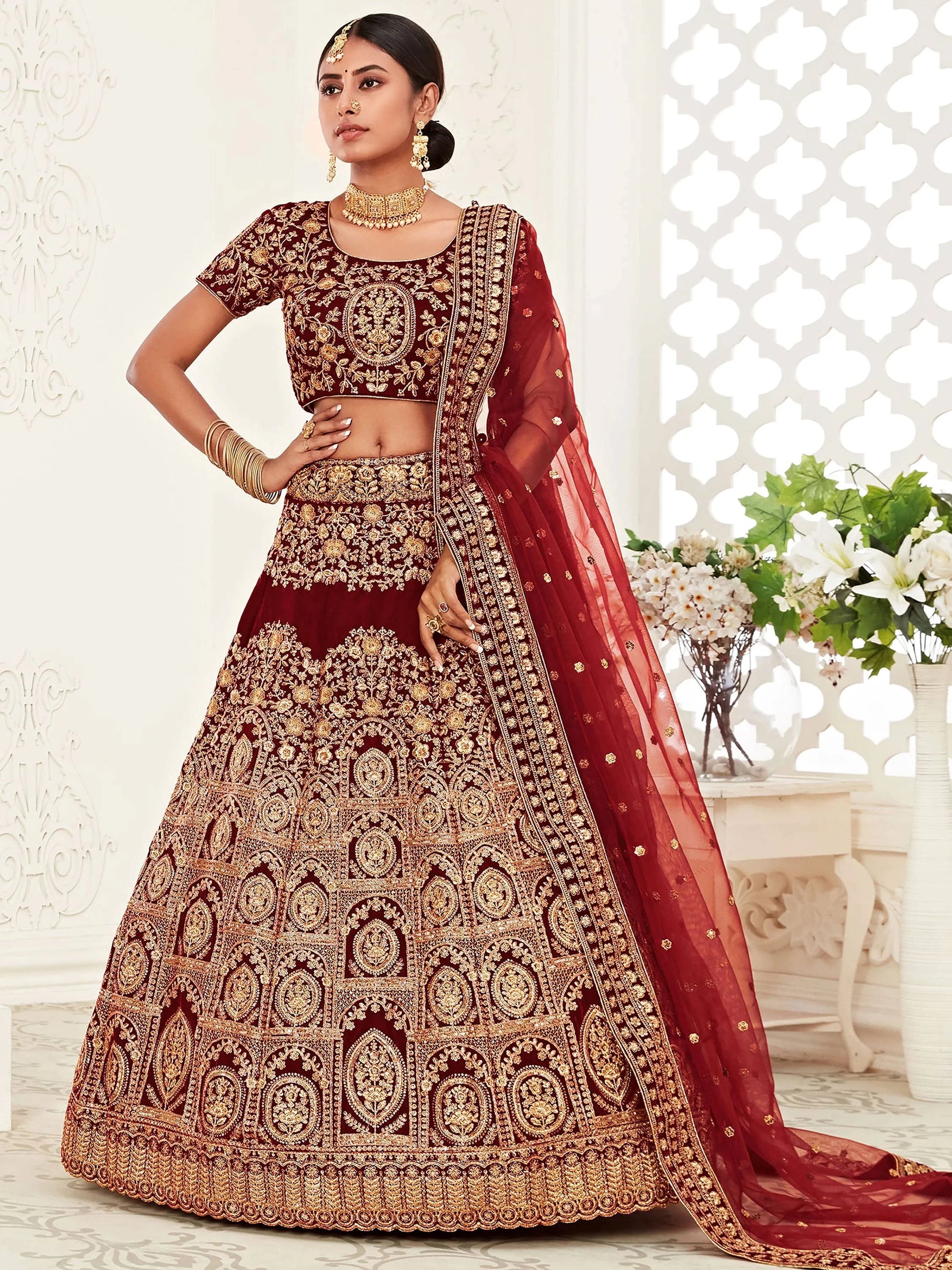 Impressive Red Embroidered Work Velvet Bridal Wear Lehenga Choli - Zeel Clothing