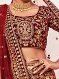 Impressive Red Embroidered Work Velvet Bridal Wear Lehenga Choli - Zeel Clothing