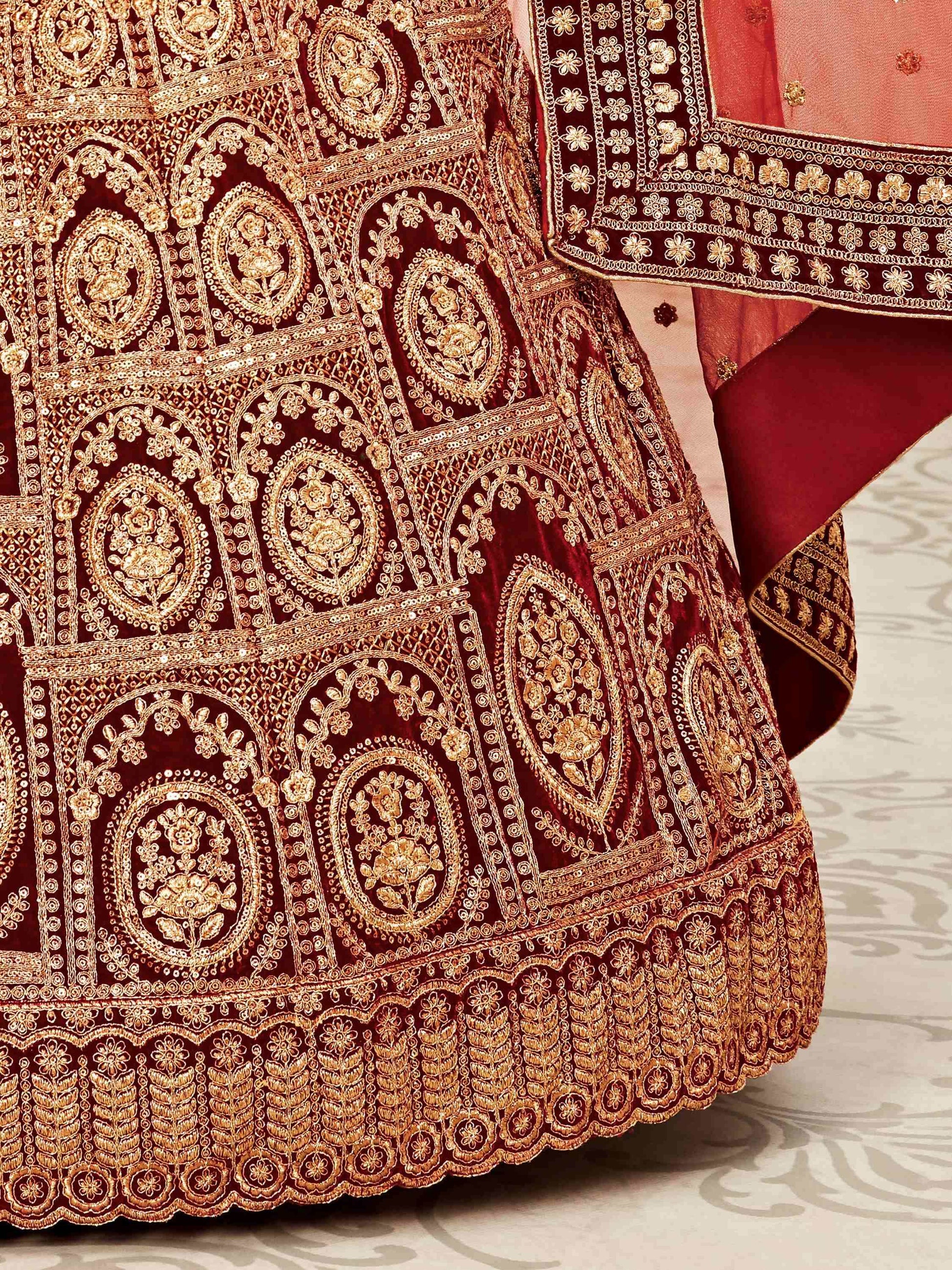 Impressive Red Embroidered Work Velvet Bridal Wear Lehenga Choli - Zeel Clothing