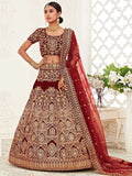 Impressive Red Embroidered Work Velvet Bridal Wear Lehenga Choli - Zeel Clothing