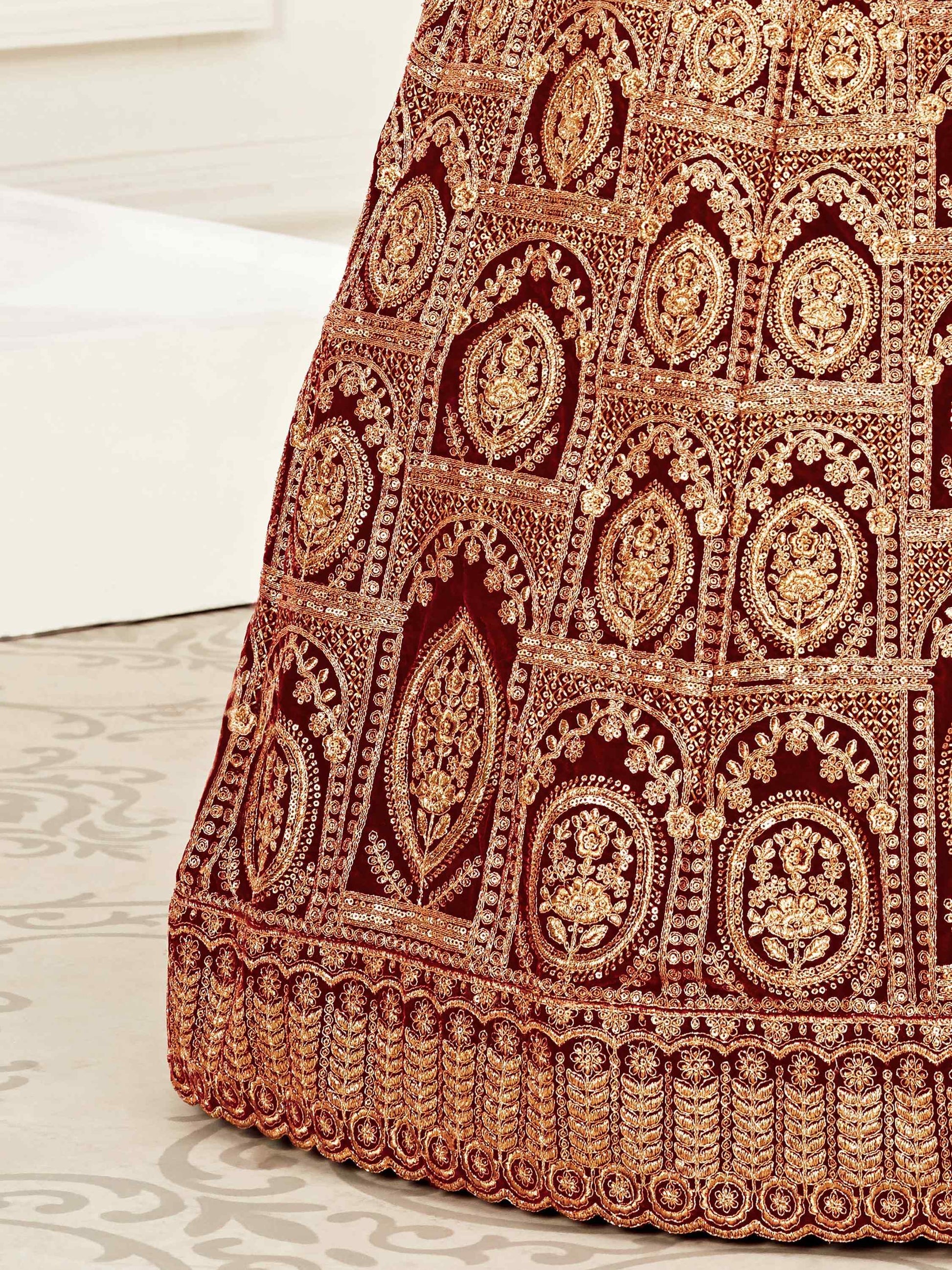 Impressive Red Embroidered Work Velvet Bridal Wear Lehenga Choli - Zeel Clothing