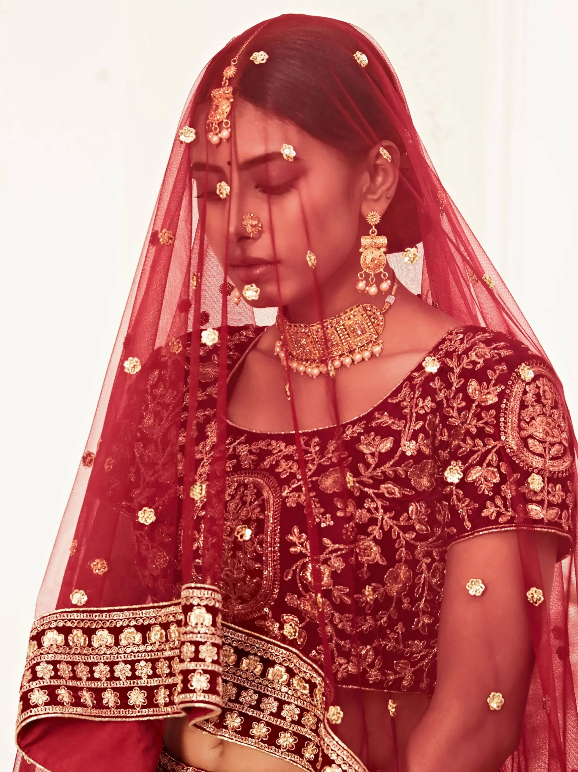 Impressive Red Embroidered Work Velvet Bridal Wear Lehenga Choli - Zeel Clothing