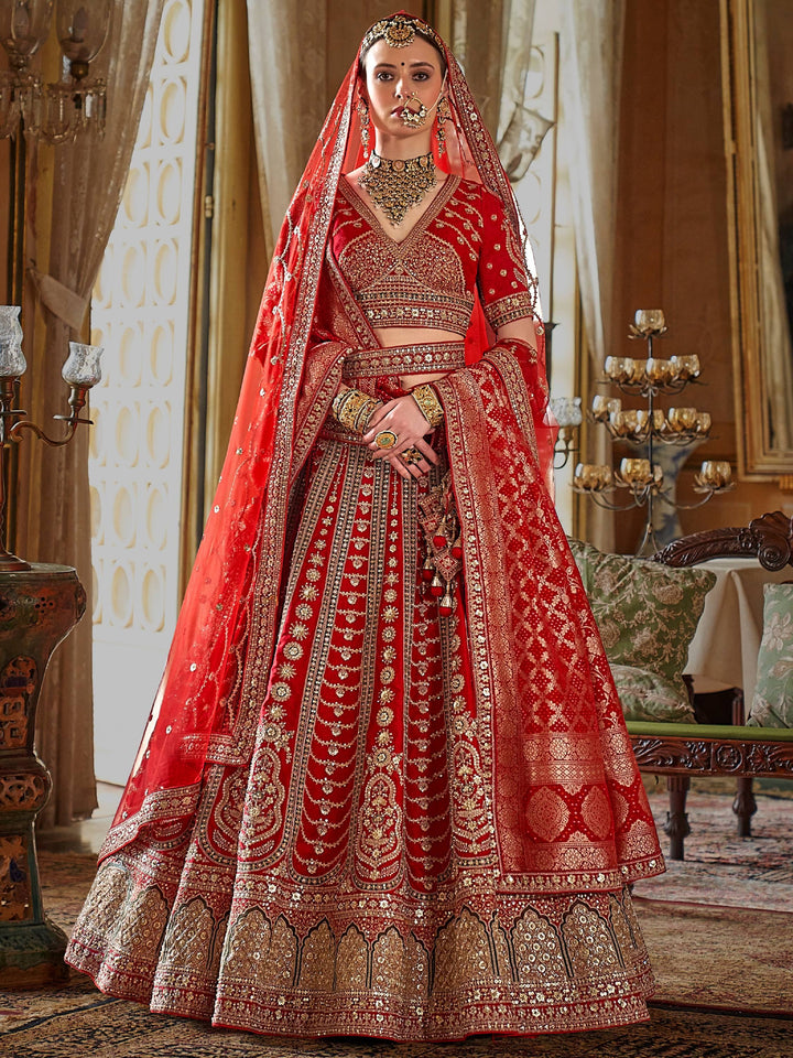 Impressive Red Heavy Embroidered Silk Bridal Lehenga Choli With Double Dupatta