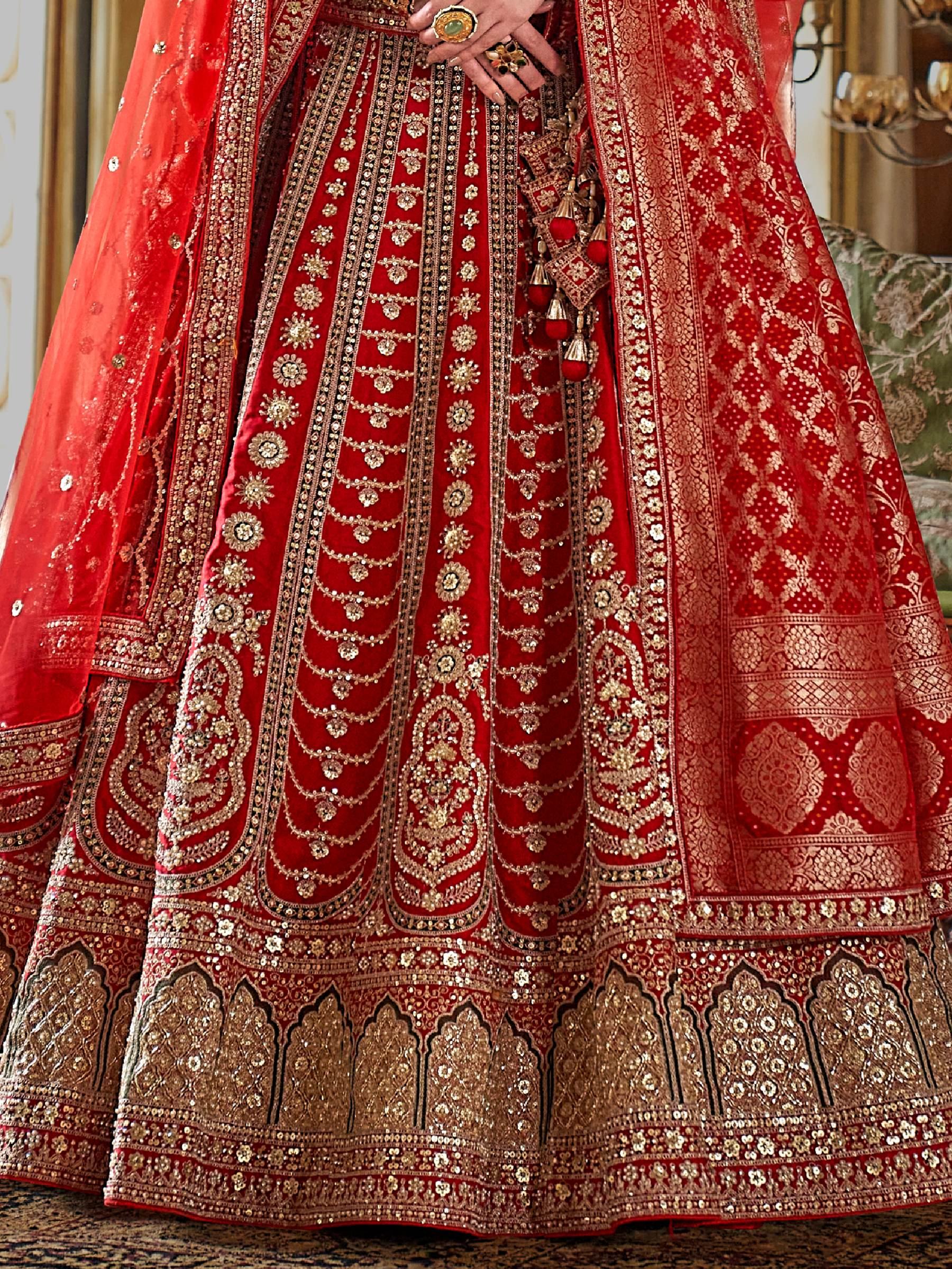 Impressive Red Heavy Embroidered Silk Bridal Lehenga Choli With Double Dupatta