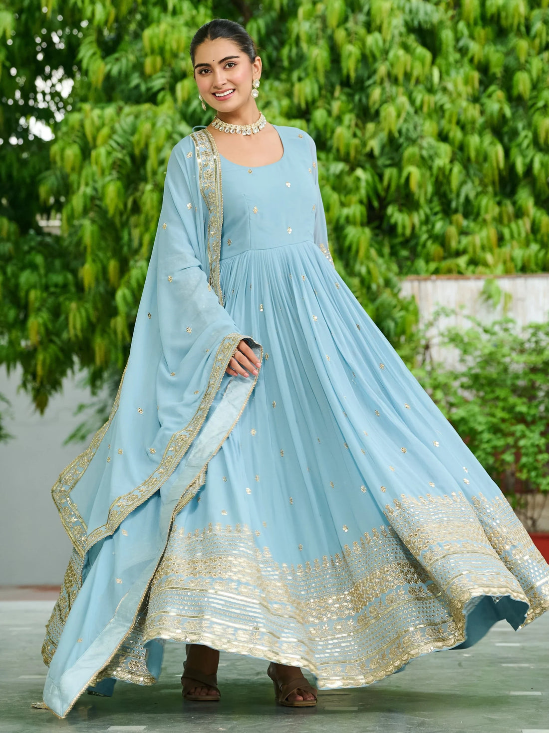 Impressive Sky Blue Embroidered Georgette Wedding Wear Gown With Dupatta