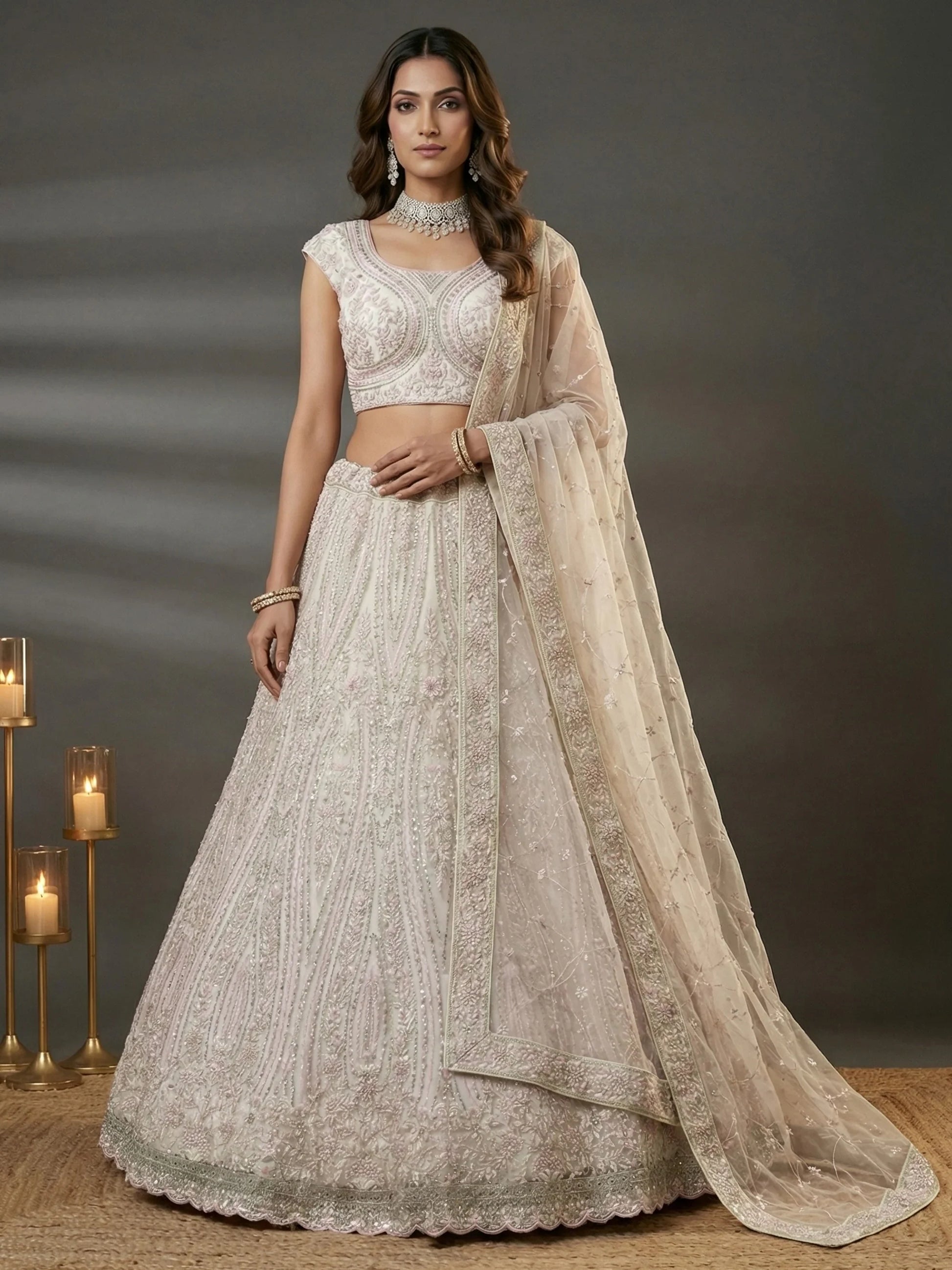 Impressive White Dori Embroidery Net Reception Wear Lehenga Choli