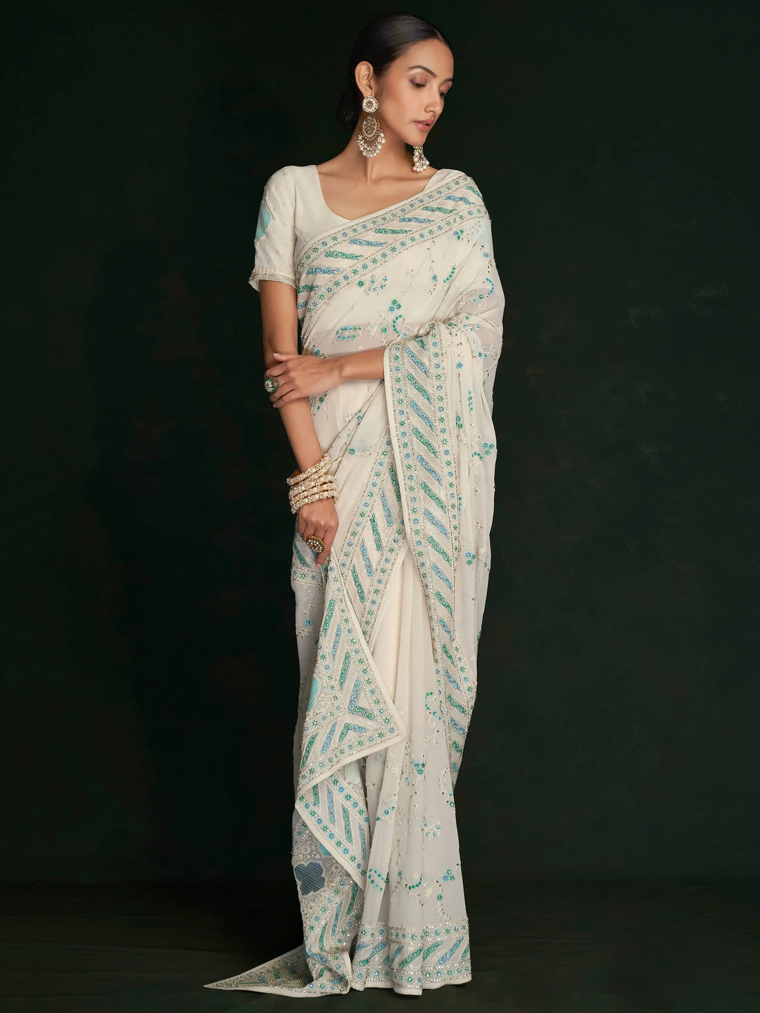 Impressive White Lucknowi Work Georgette Event Wear Saree With Blouse - Zeel Clothing