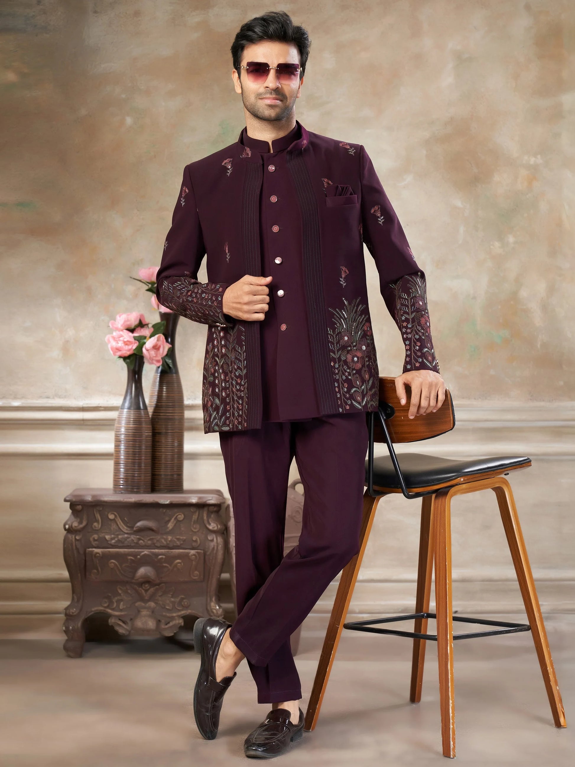 Impressive Wine Floral Embroidered Imported Reception Wear Jothpuri Set For Men