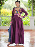 Impressive Wine Gamthi Work Rayon Navratri Special Long Side Cut Kurti - Zeel Clothing