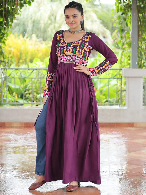Impressive Wine Gamthi Work Rayon Navratri Special Long Side Cut Kurti - Zeel Clothing