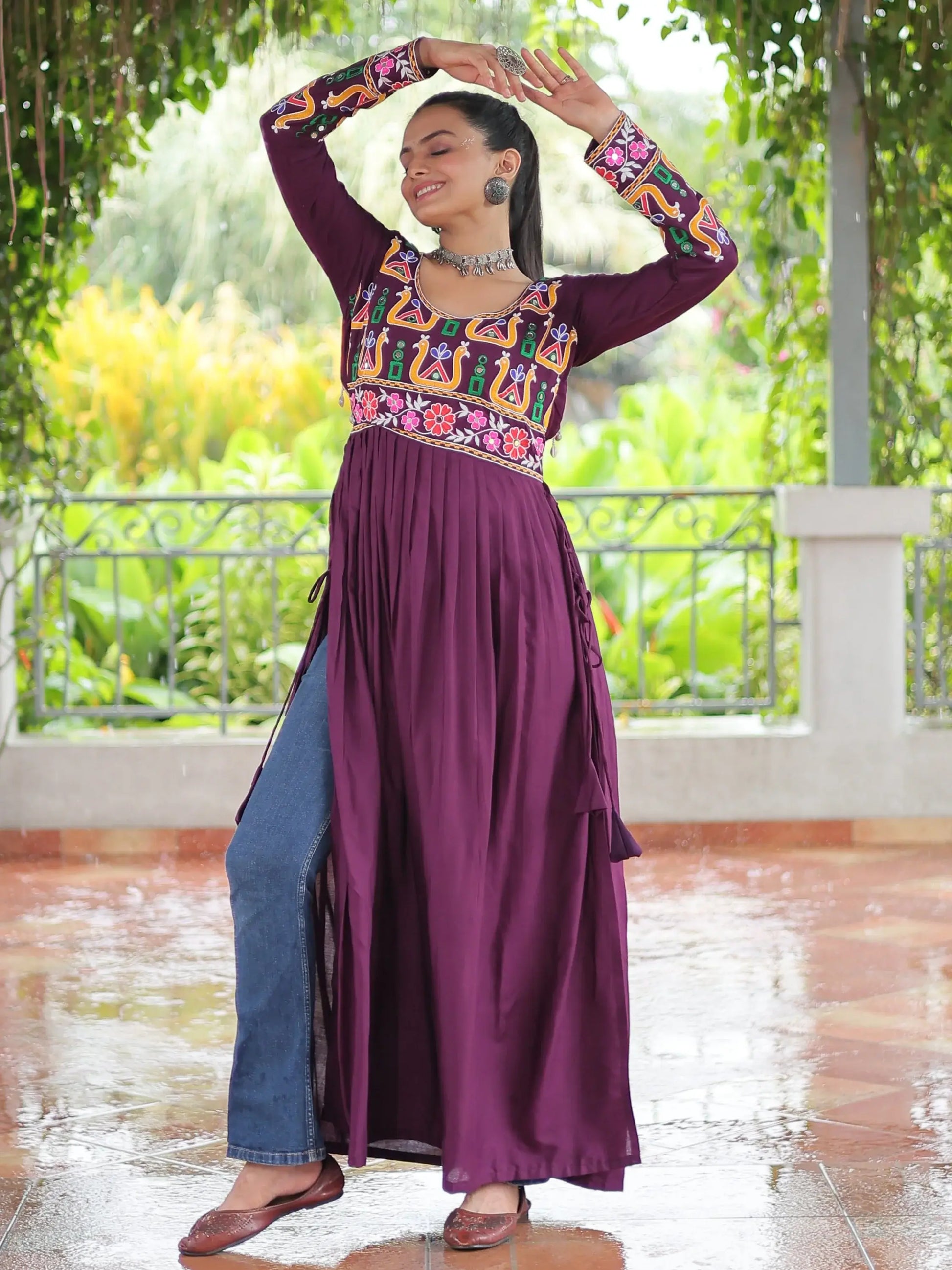Impressive Wine Gamthi Work Rayon Navratri Special Long Side Cut Kurti - Zeel Clothing