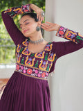 Impressive Wine Gamthi Work Rayon Navratri Special Long Side Cut Kurti - Zeel Clothing