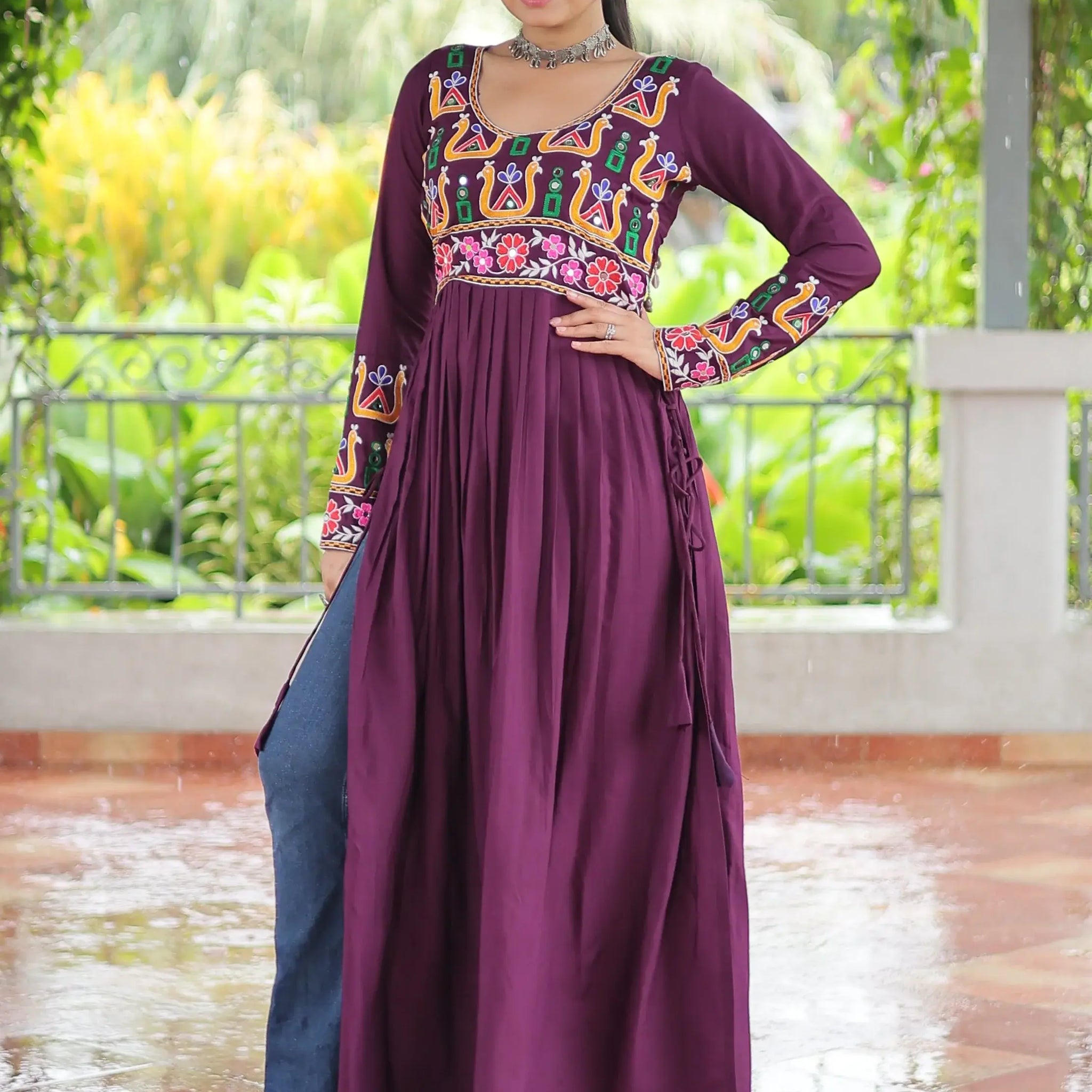 Impressive Wine Gamthi Work Rayon Navratri Special Long Side Cut Kurti - Zeel Clothing