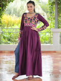 Impressive Wine Gamthi Work Rayon Navratri Special Long Side Cut Kurti - Zeel Clothing