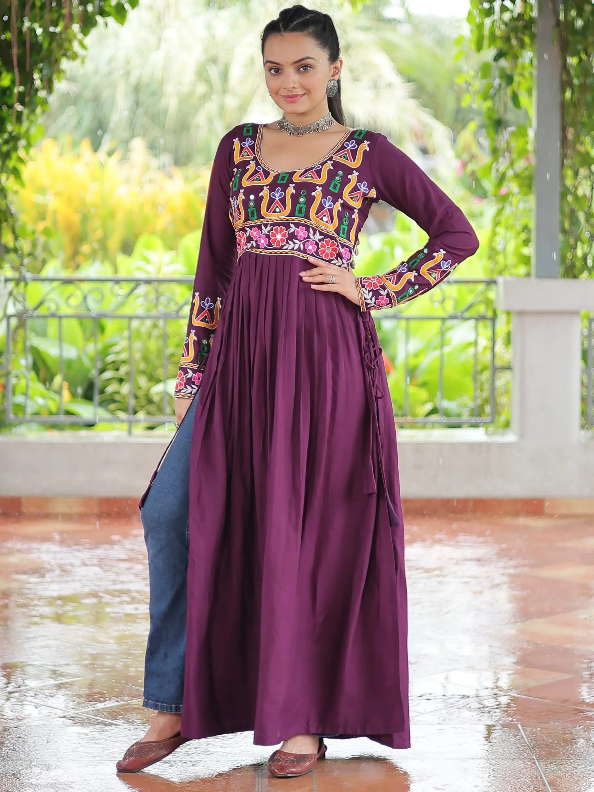 Impressive Wine Gamthi Work Rayon Navratri Special Long Side Cut Kurti - Zeel Clothing