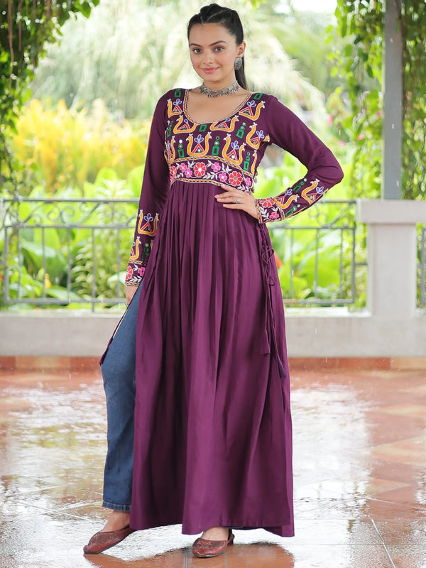 Impressive Wine Gamthi Work Rayon Navratri Special Long Side Cut Kurti - Zeel Clothing
