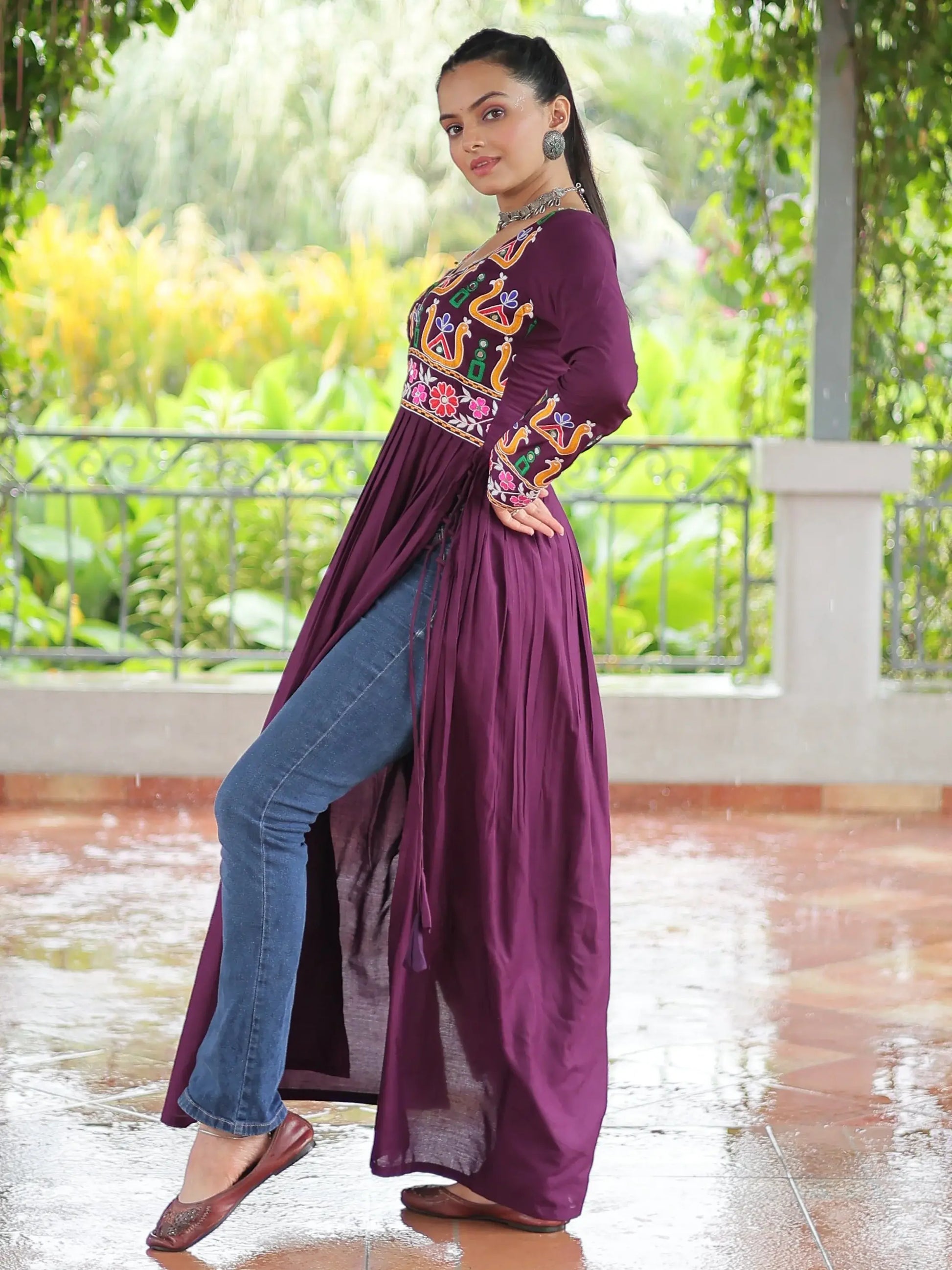 Impressive Wine Gamthi Work Rayon Navratri Special Long Side Cut Kurti - Zeel Clothing