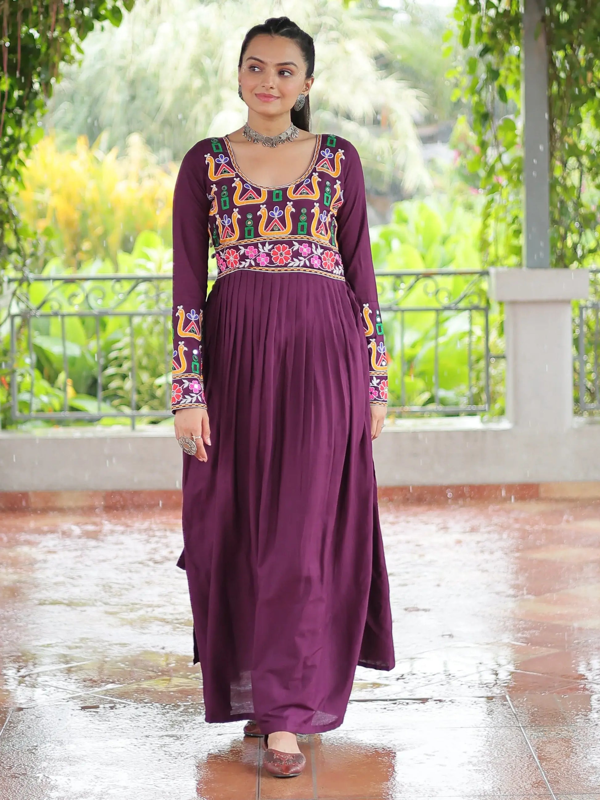 Impressive Wine Gamthi Work Rayon Navratri Special Long Side Cut Kurti - Zeel Clothing