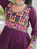 Impressive Wine Gamthi Work Rayon Navratri Special Long Side Cut Kurti - Zeel Clothing