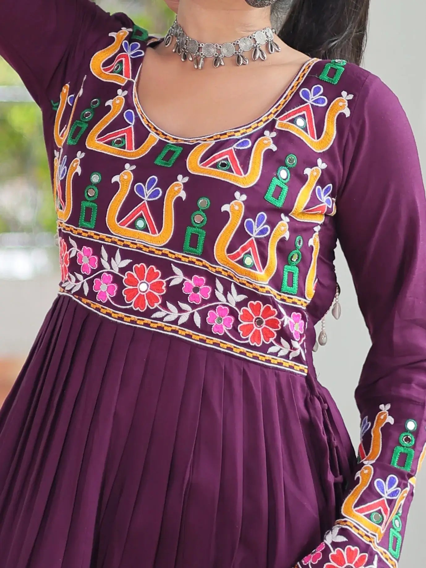 Impressive Wine Gamthi Work Rayon Navratri Special Long Side Cut Kurti - Zeel Clothing