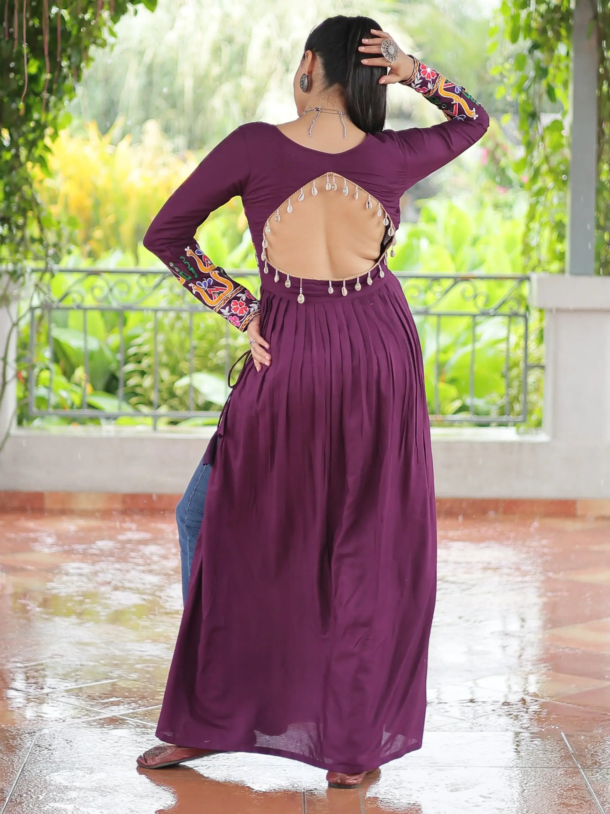Impressive Wine Gamthi Work Rayon Navratri Special Long Side Cut Kurti - Zeel Clothing