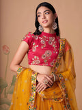 Impressive Yellow Mirror Work Net Reception Wear Lehenga Choli - Zeel Clothing
