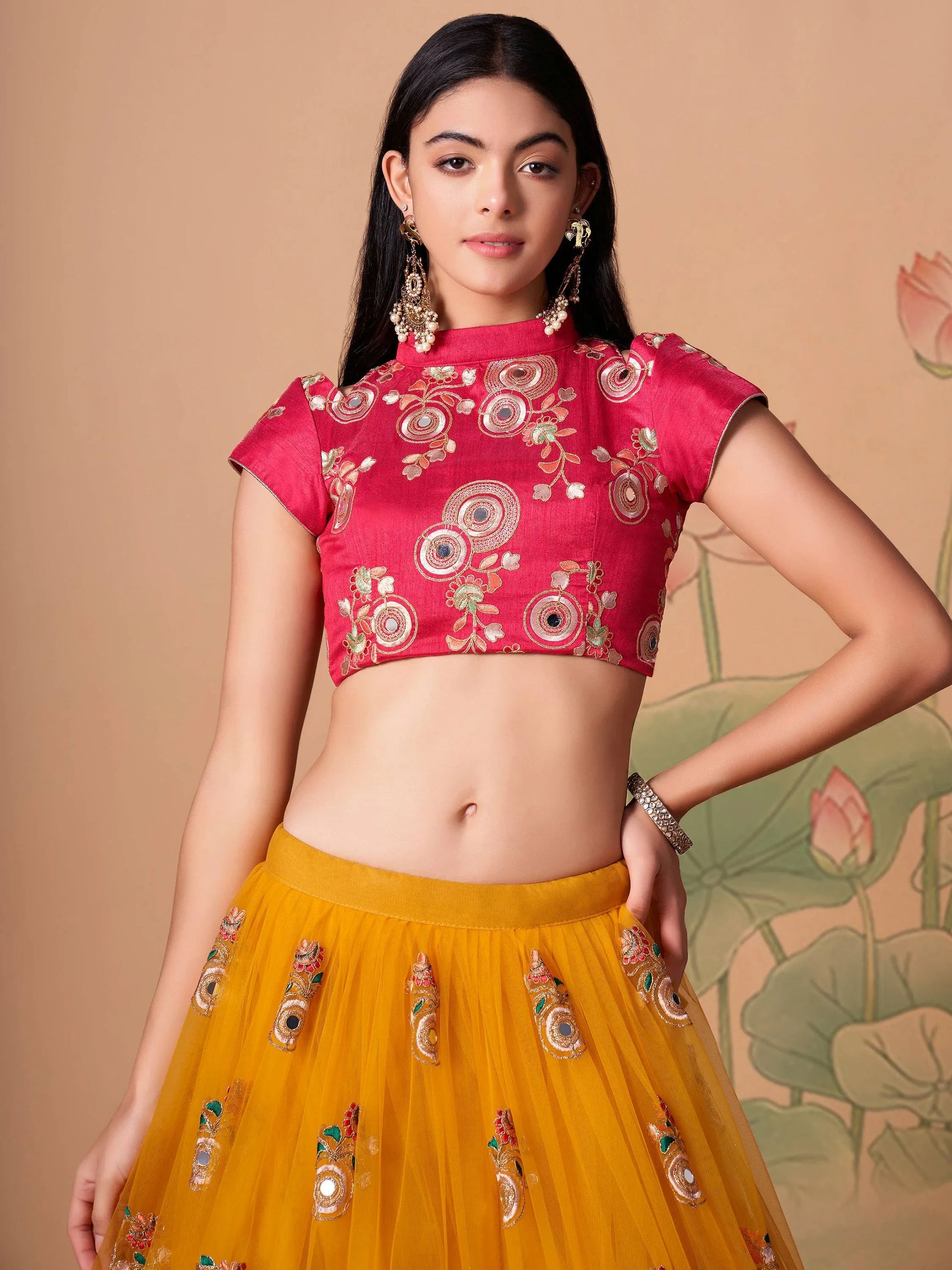 Impressive Yellow Mirror Work Net Reception Wear Lehenga Choli - Zeel Clothing