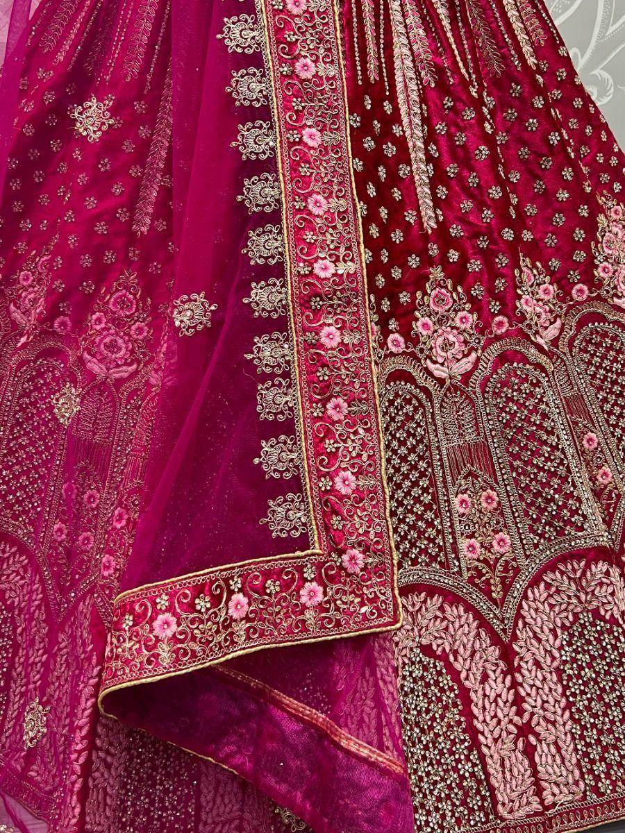 Incomparable Pink Diamond Work Velvet Bridal Lehenga Choli With Dupatta - Zeel Clothing