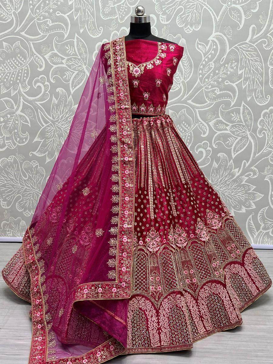 Incomparable Pink Diamond Work Velvet Bridal Lehenga Choli With Dupatta - Zeel Clothing